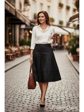 Kristin Davis Black Pleated Cotton A-Line Skirt Womens Size 6